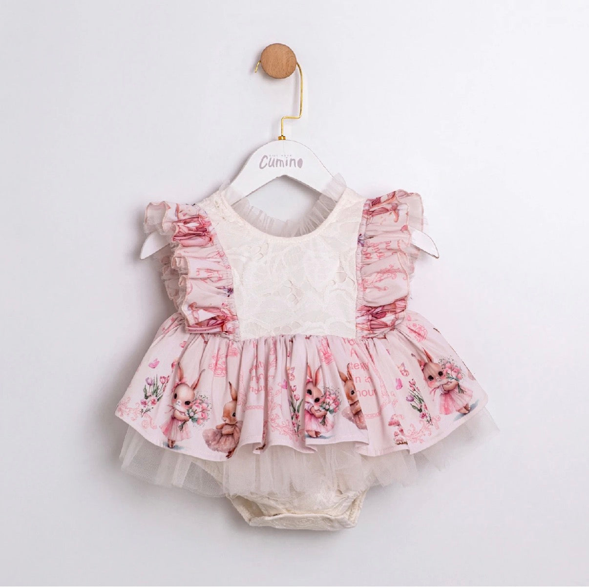 Fustan Romper - Print Lepurushi – Pink & Krem