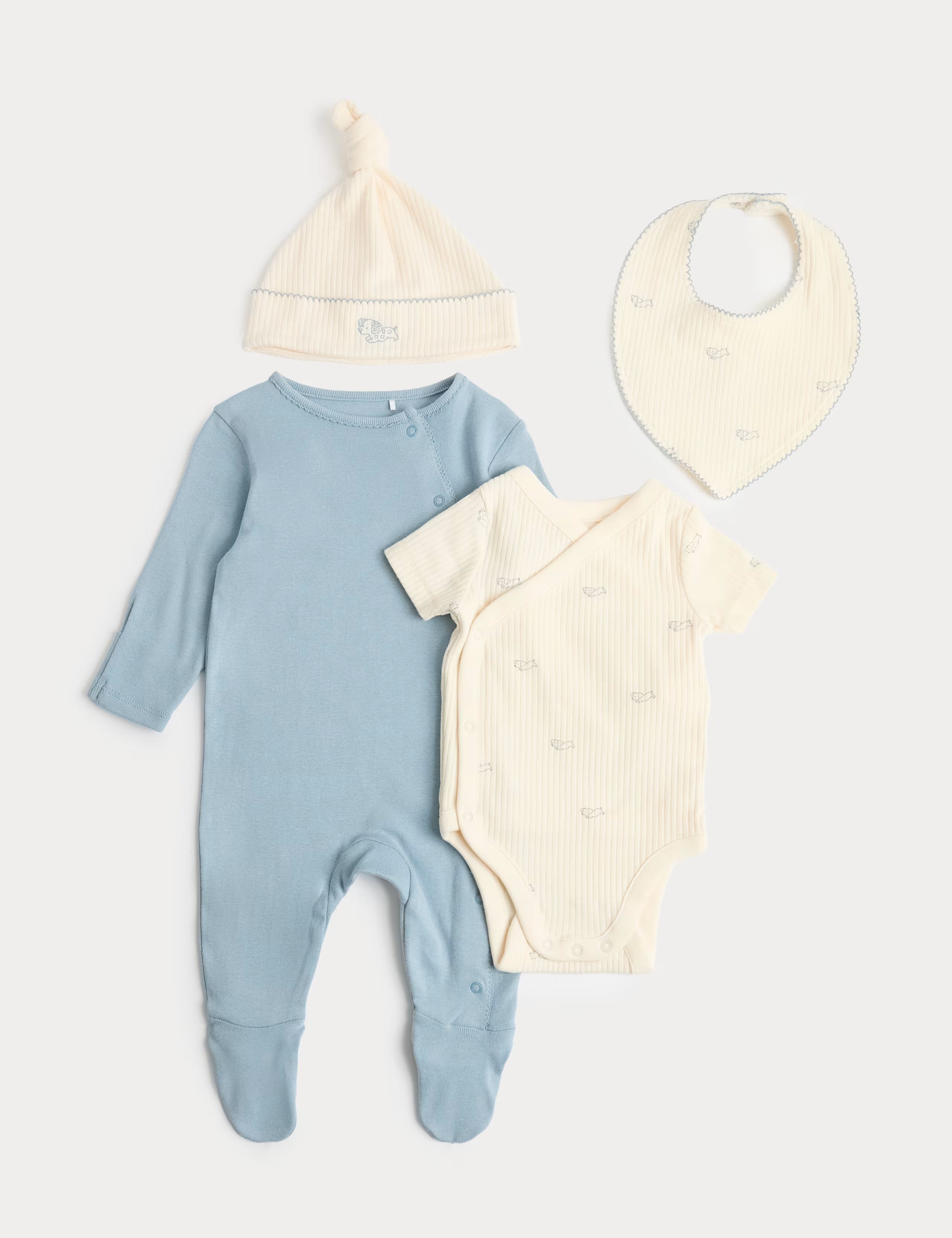 Set Materniteti me 4 Pjese – 100% Pambuk Ribbed – Blu dhe Krem