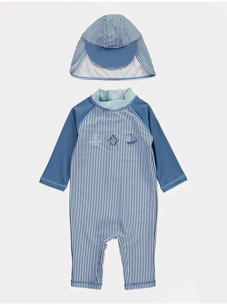 Kostum Plazhi me 2 Pjese Blue Striped Sun Protection Rashsuit & Hat