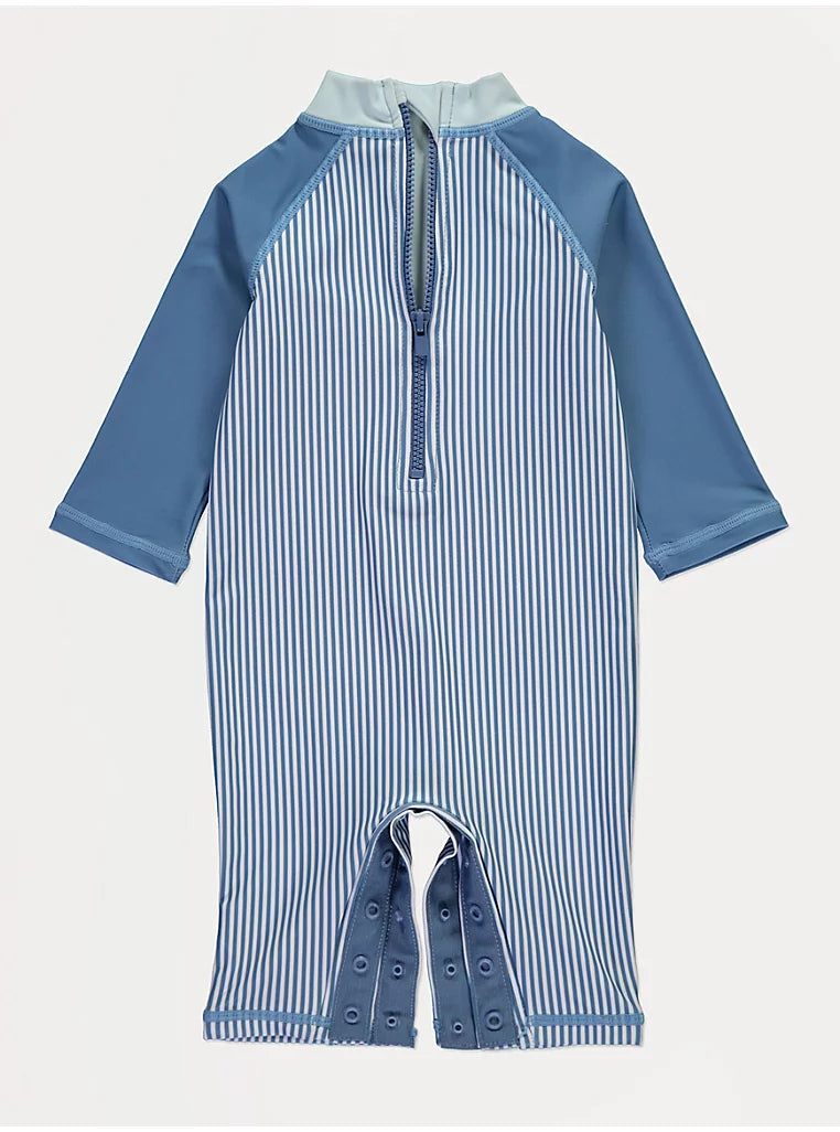 Kostum Plazhi me 2 Pjese Blue Striped Sun Protection Rashsuit & Hat