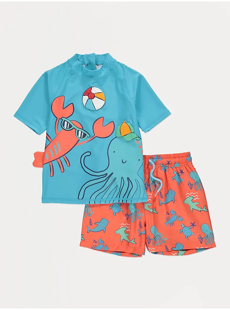Kostum Plazhi me 2 pjese - "Ocean Friends" (Bluze Rashguard + Pantallona) me Mbrojtje UV