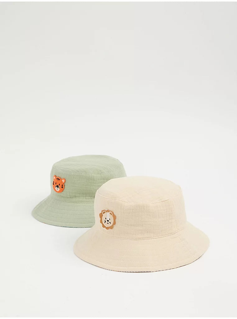 Set me 2 Kapele "Bucket" me Detaje Kafshësh - Green & Beige