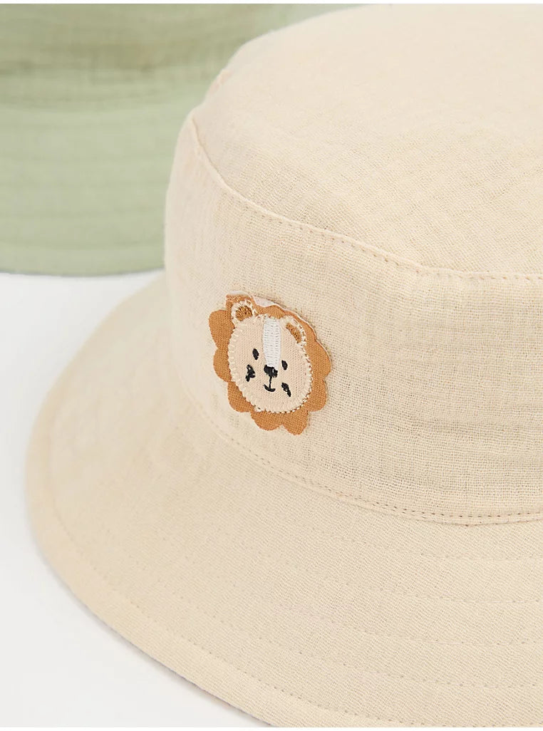 Set me 2 Kapele "Bucket" me Detaje Kafshësh - Green & Beige