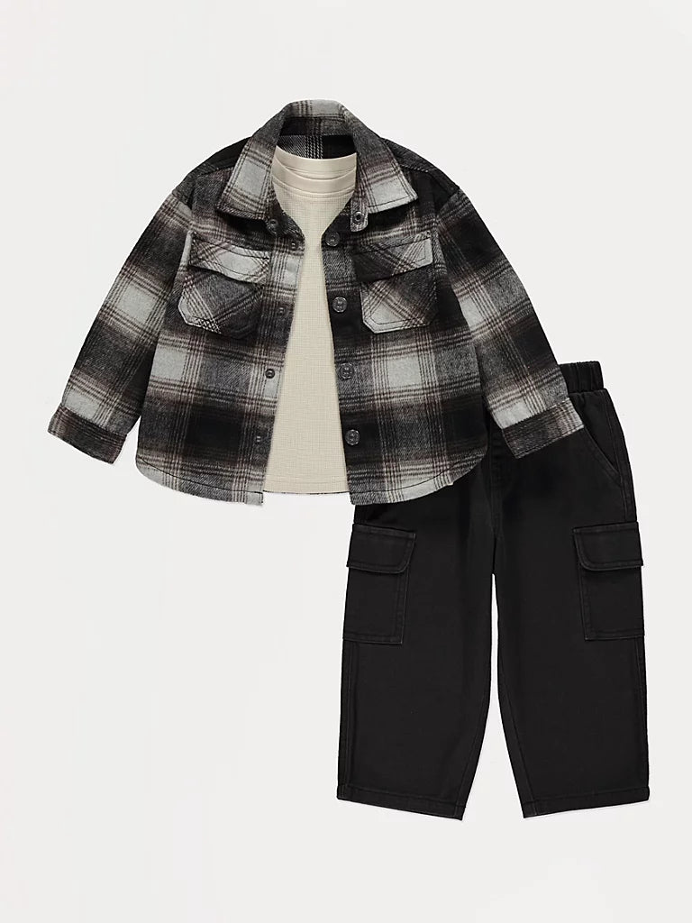 Set 3-Pjesesh Casual per Djem (Xhakete Karro, Bluze& Pantallona Cargo)