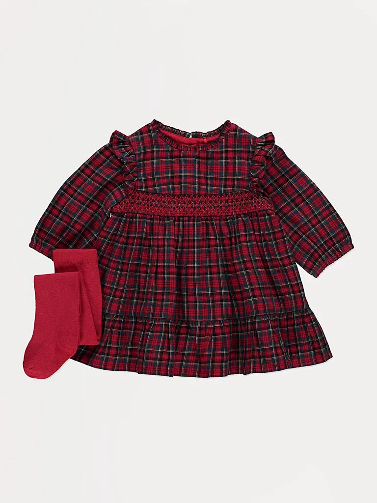 Fustan me Kuadrate Gingham dhe Geta te Kuqe