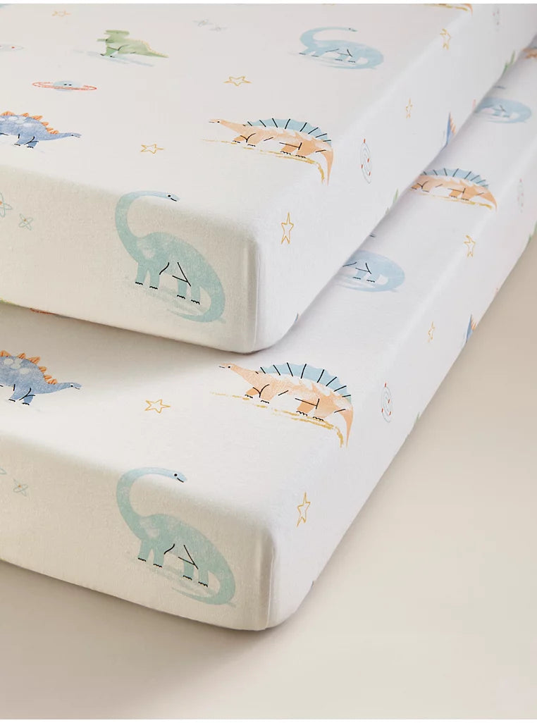 Set me 2 Çarçafe me Lastik per Krevat Bebi "Blue Dino"