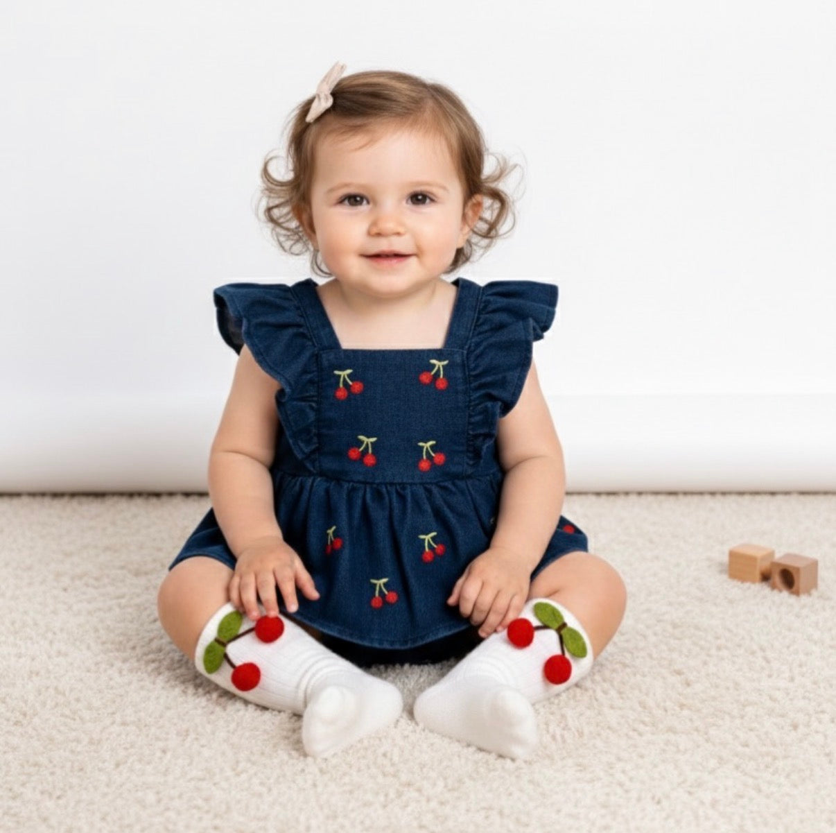 Fustan-Romper Denim - "Cherry Blossom"