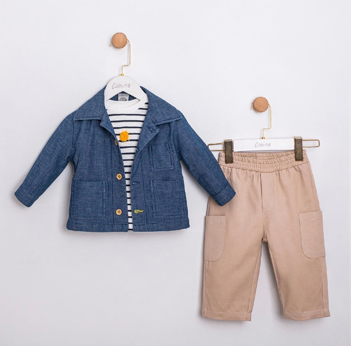 Kostum me 3 Pjese Xhakete Denim e Lehtë, Bluze & Pantallona