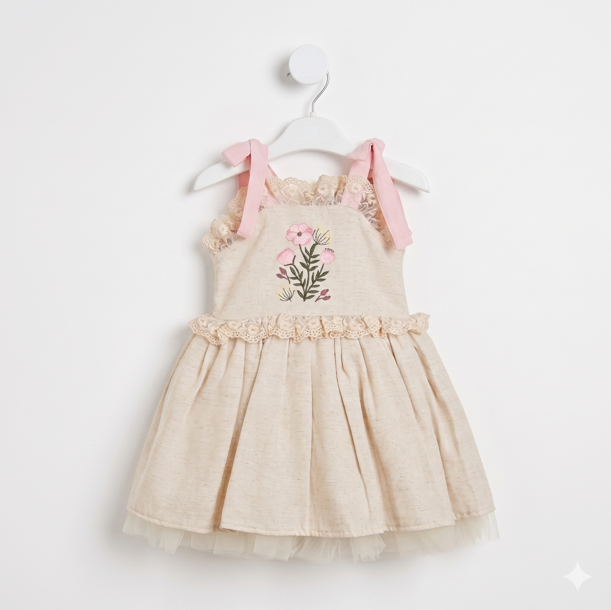Fustan Krem me Lule te Qendisura dhe Fjongo - Vintage Bloom