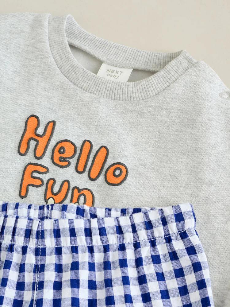 Kostum Bluze Gri "Hello Fun" & Pantallona me Kuadrate