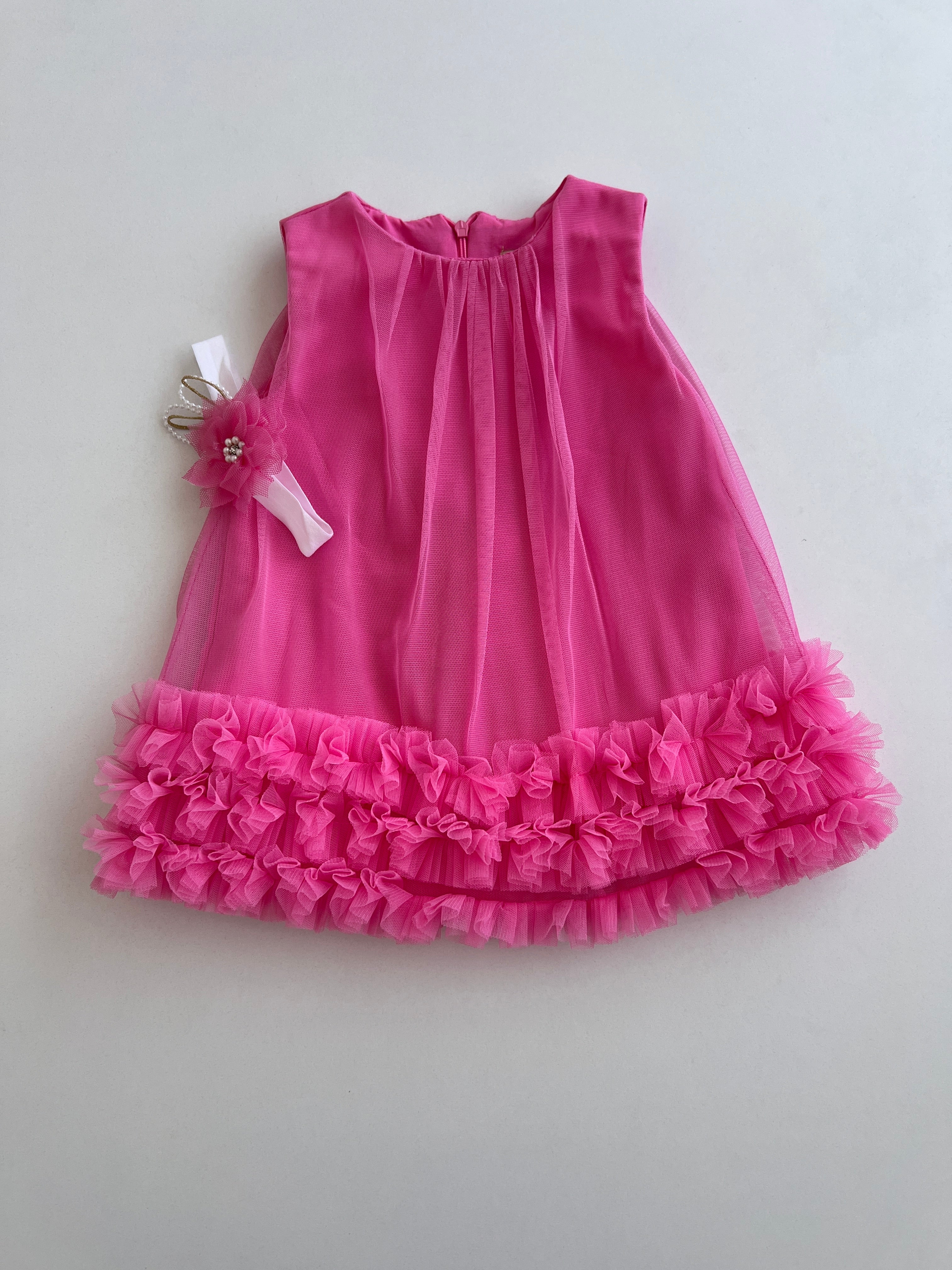 Fustan me Detaje Tyli dhe Lule Koke - ngjyre Pink