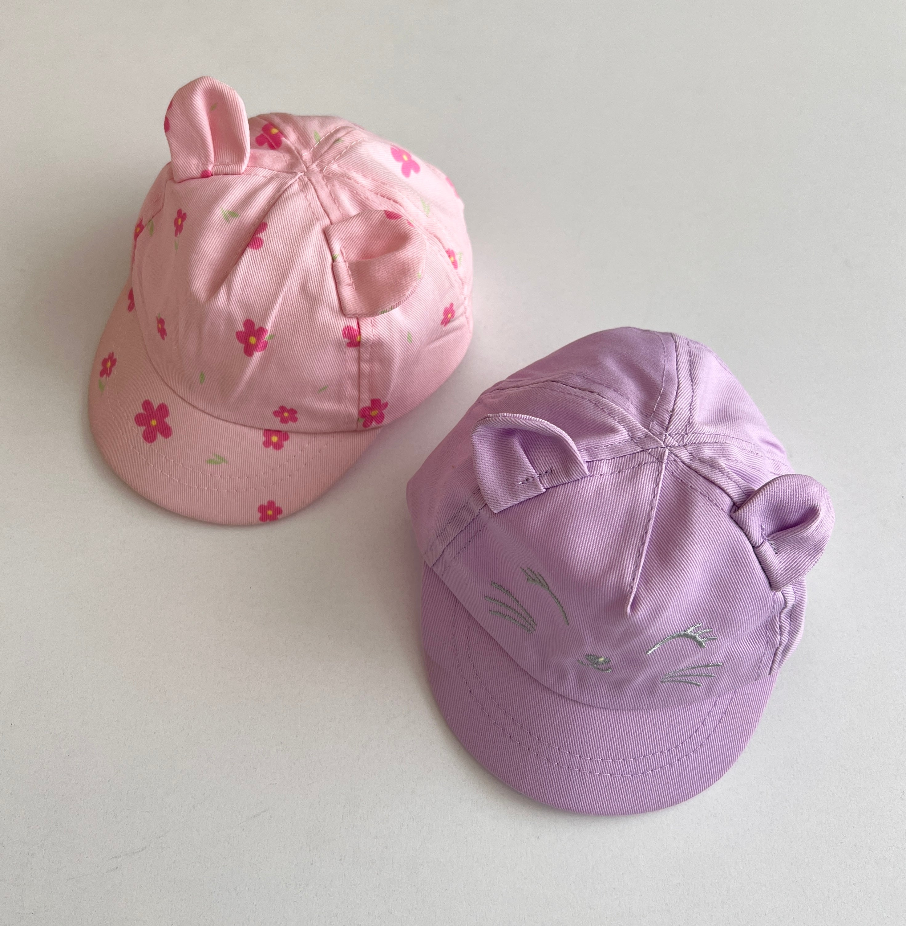 Set 2 Kapele "Cute Ears" – Pink Flowers & Purple Kitty