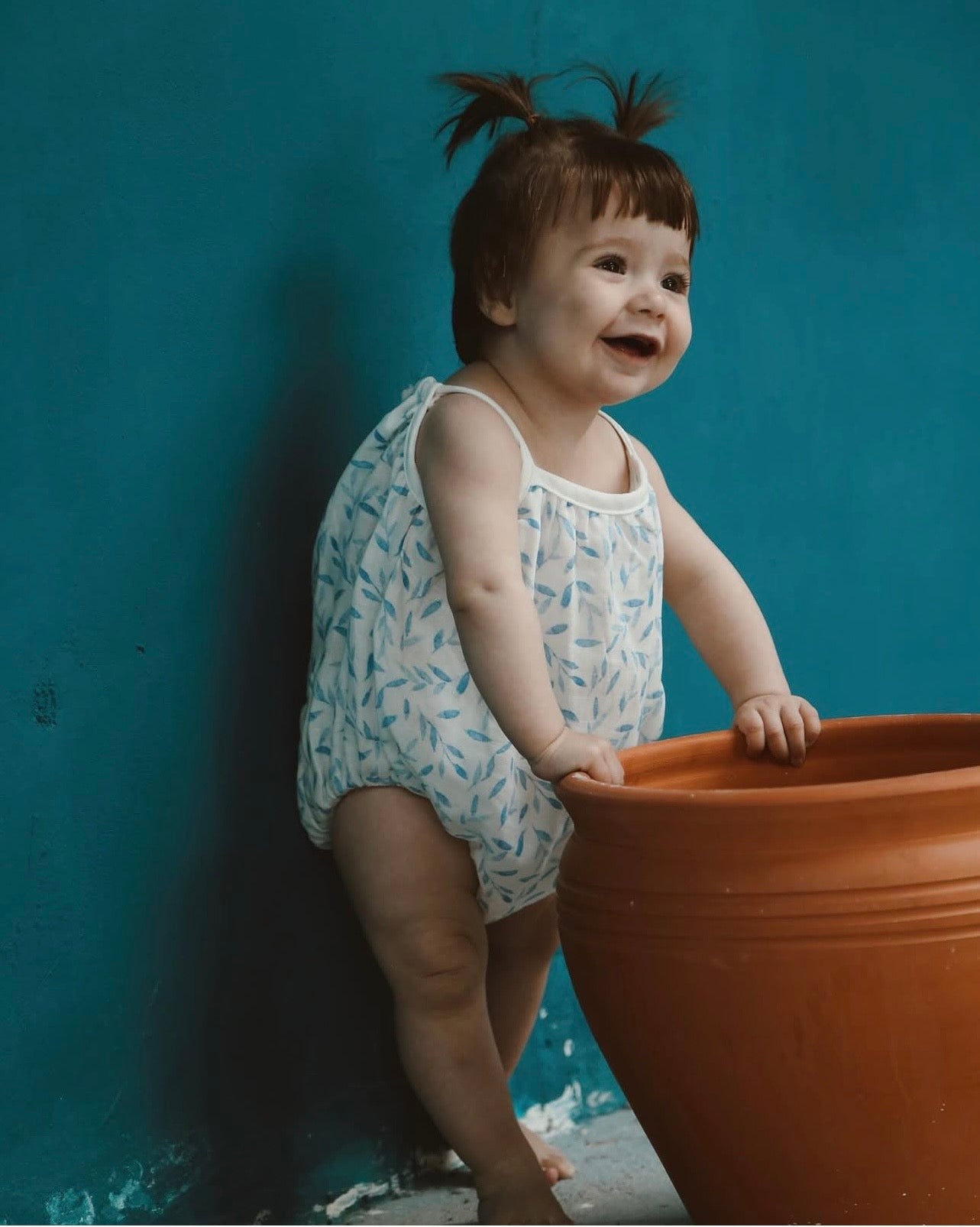 Romper Musline 'Blue Leaves' – 100% Pambuk