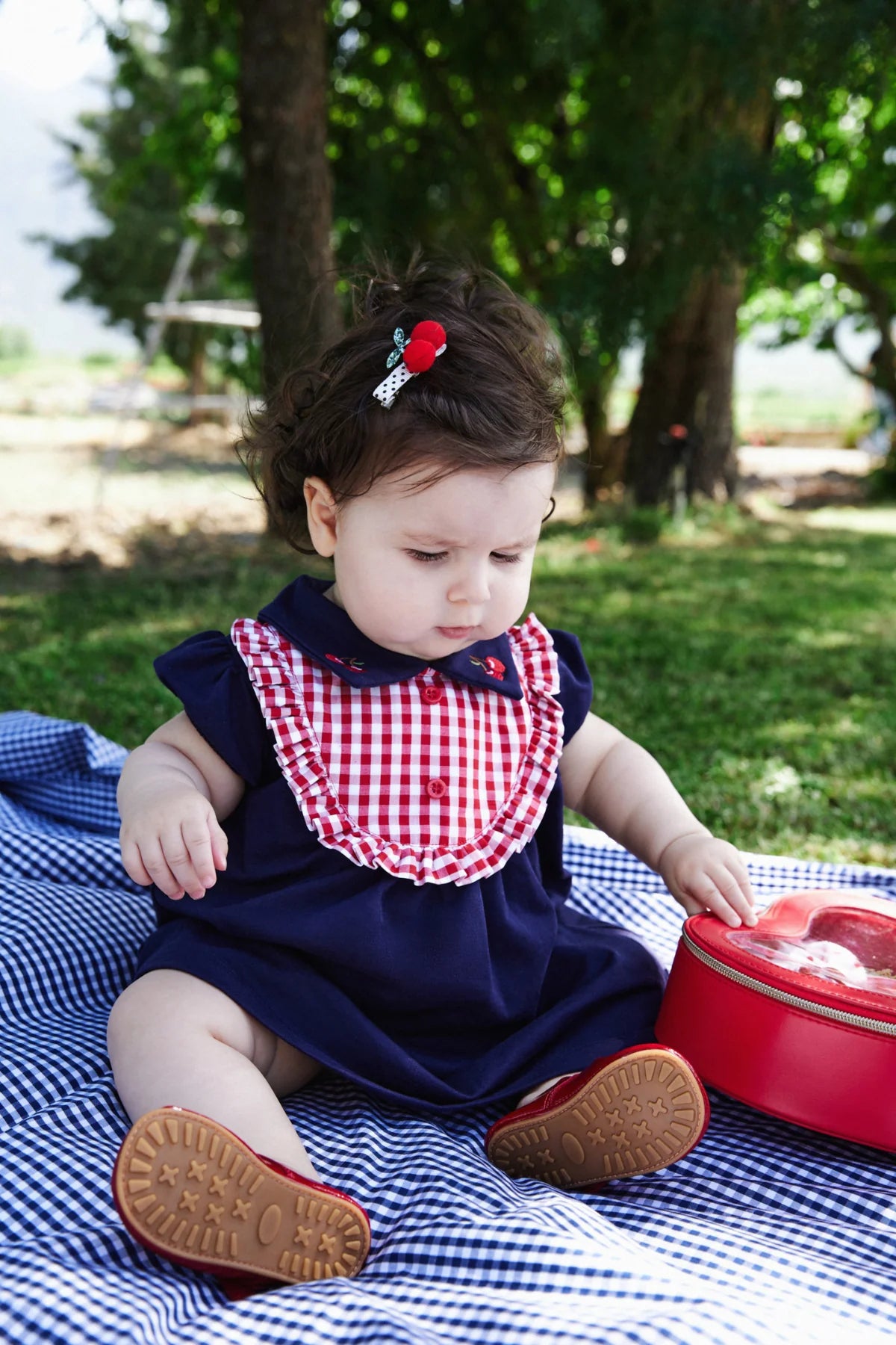 Fustan Blu me Detaje Gingham dhe Qendisje Qershie
