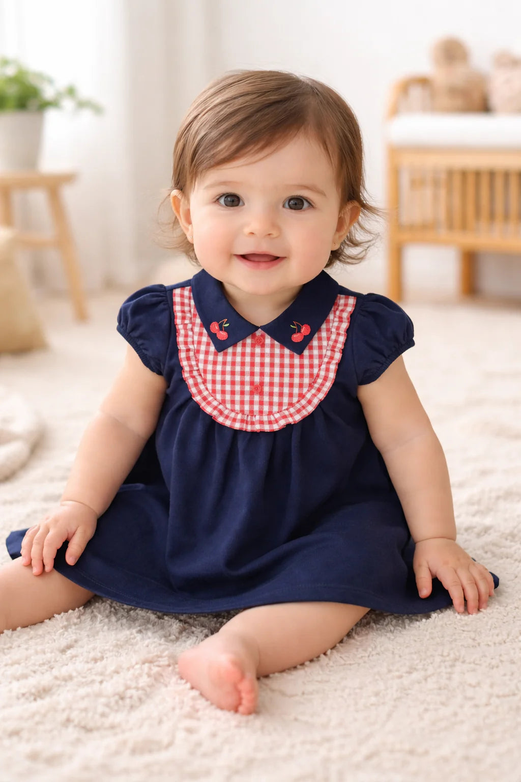 Fustan Blu me Detaje Gingham dhe Qendisje Qershie