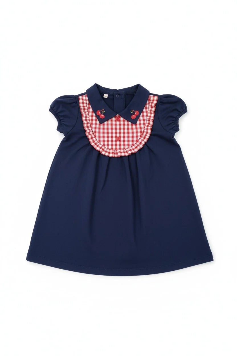 Fustan Blu me Detaje Gingham dhe Qendisje Qershie