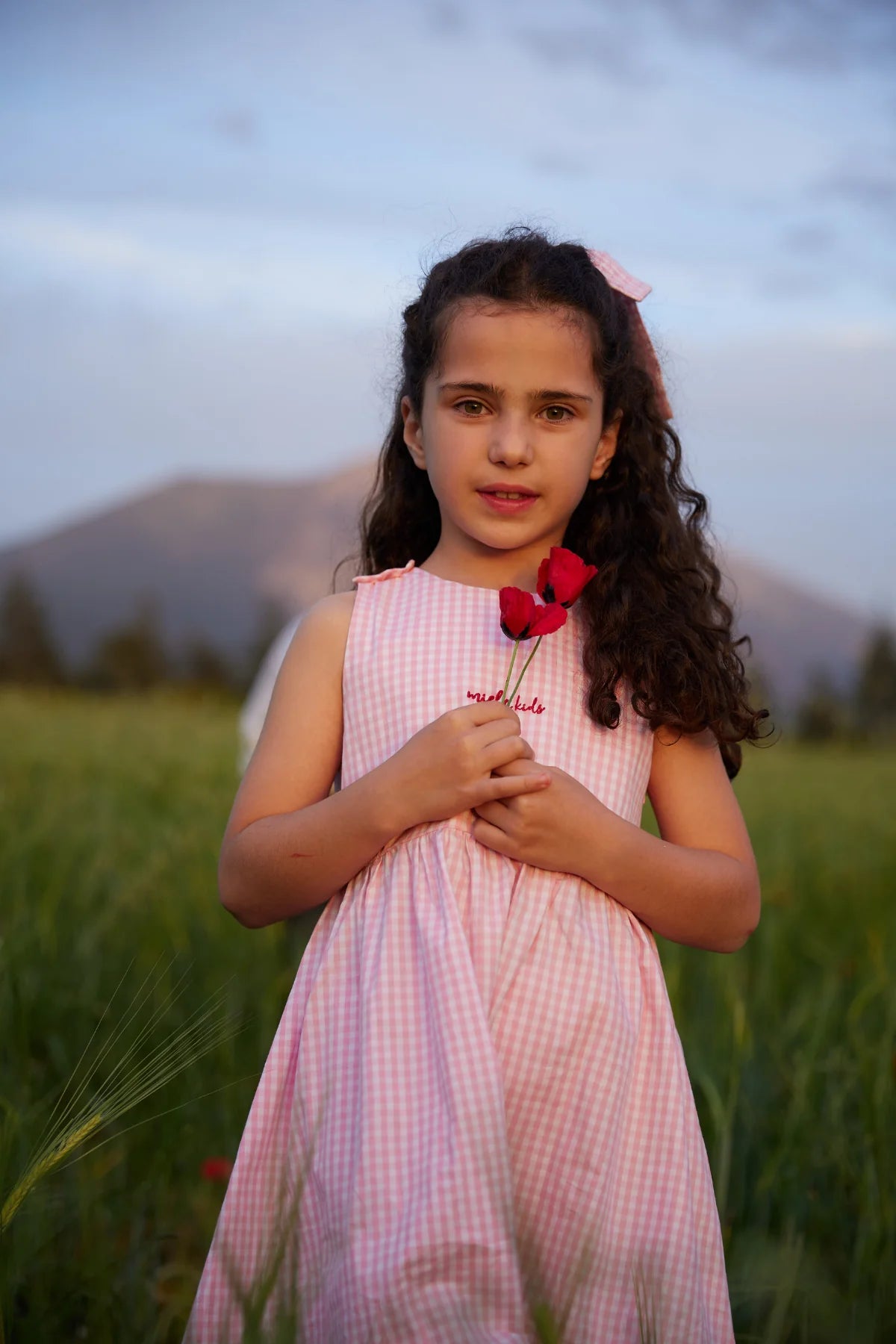 Fustan Roze me Kuadrata Gingham dhe Detaj Qershie