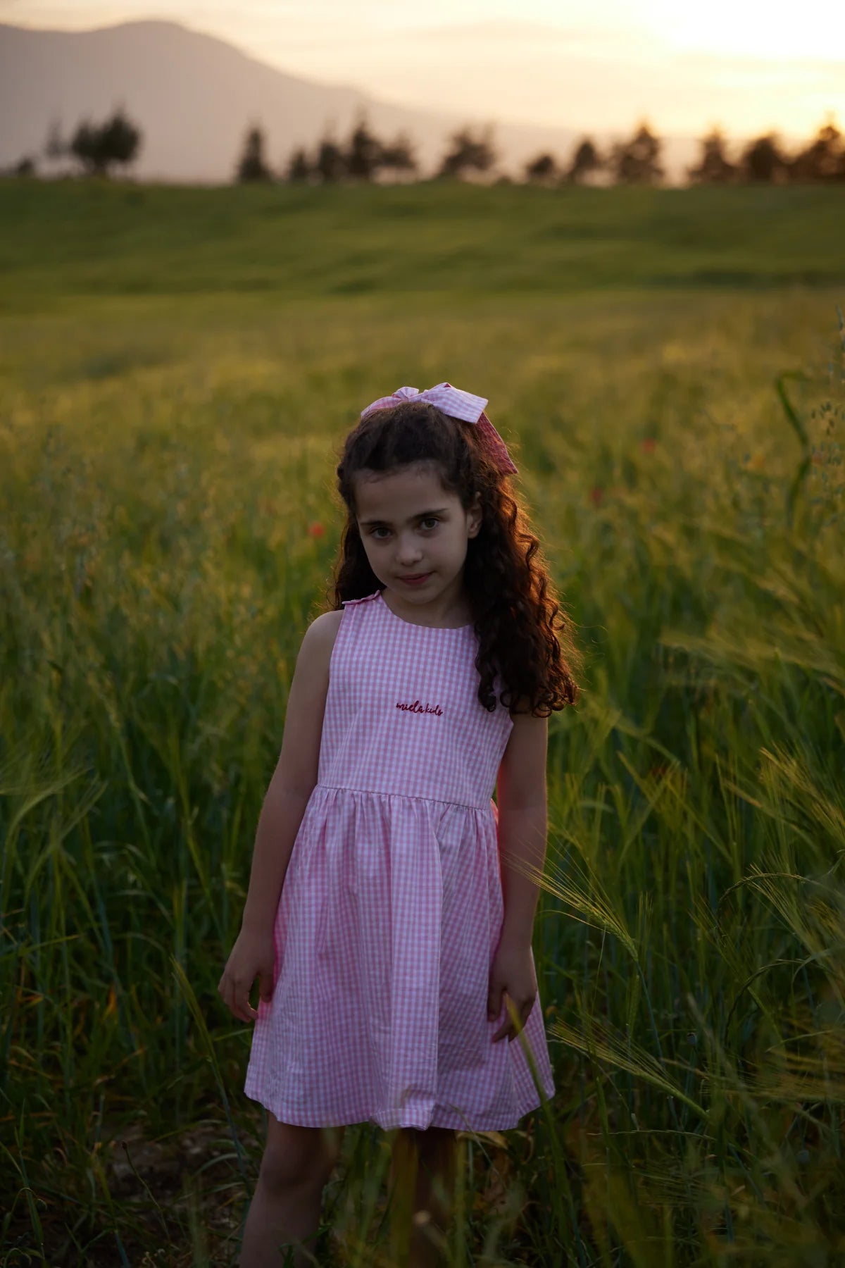 Fustan Roze me Kuadrata Gingham dhe Detaj Qershie