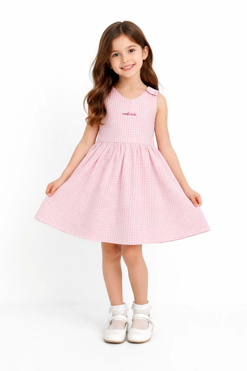 Fustan Roze me Kuadrata Gingham dhe Detaj Qershie