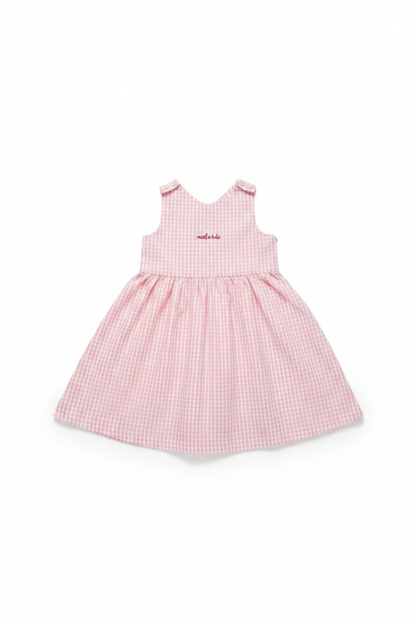 Fustan Roze me Kuadrata Gingham dhe Detaj Qershie