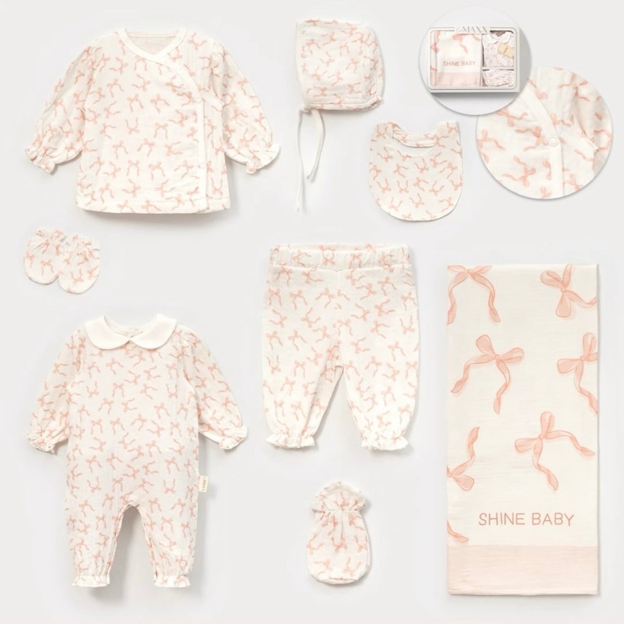 Set Materniteti me 8 Pjese Nape Muslin - Fjongo Roz