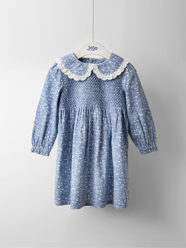 Fustan Floral me Punim "Smocking" (Blu)