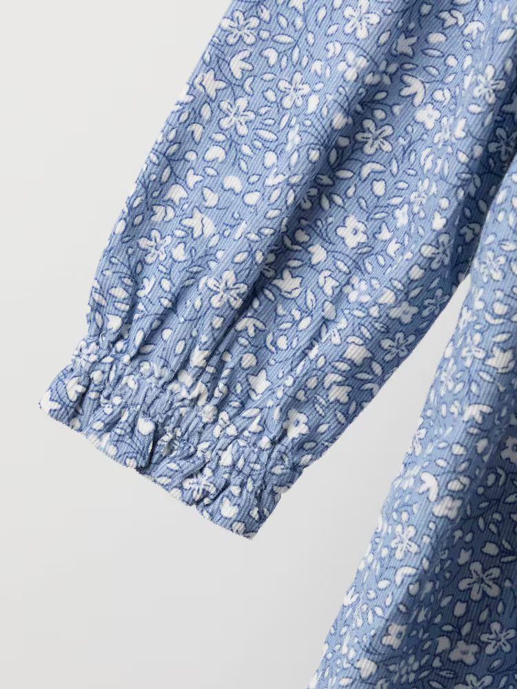 Fustan Floral me Punim "Smocking" (Blu)