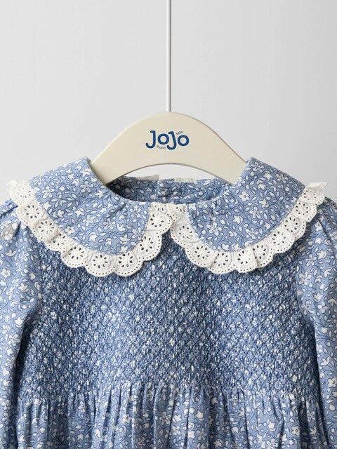 Fustan Floral me Punim "Smocking" (Blu)