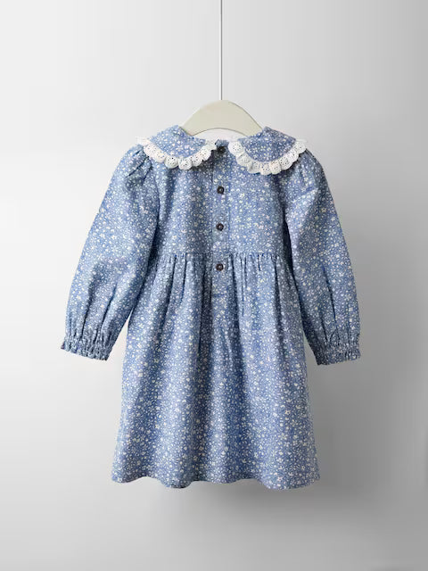 Fustan Floral me Punim "Smocking" (Blu)