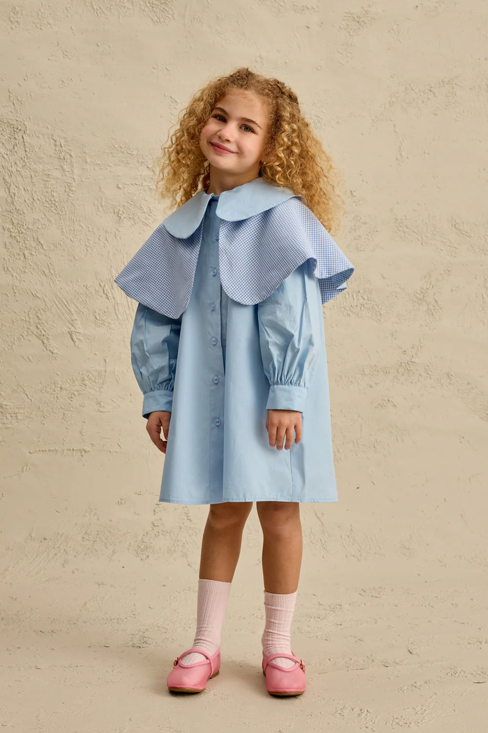 Fustan Blu "Vintage" me Dy Jaka dhe Detaje me Kuadrate