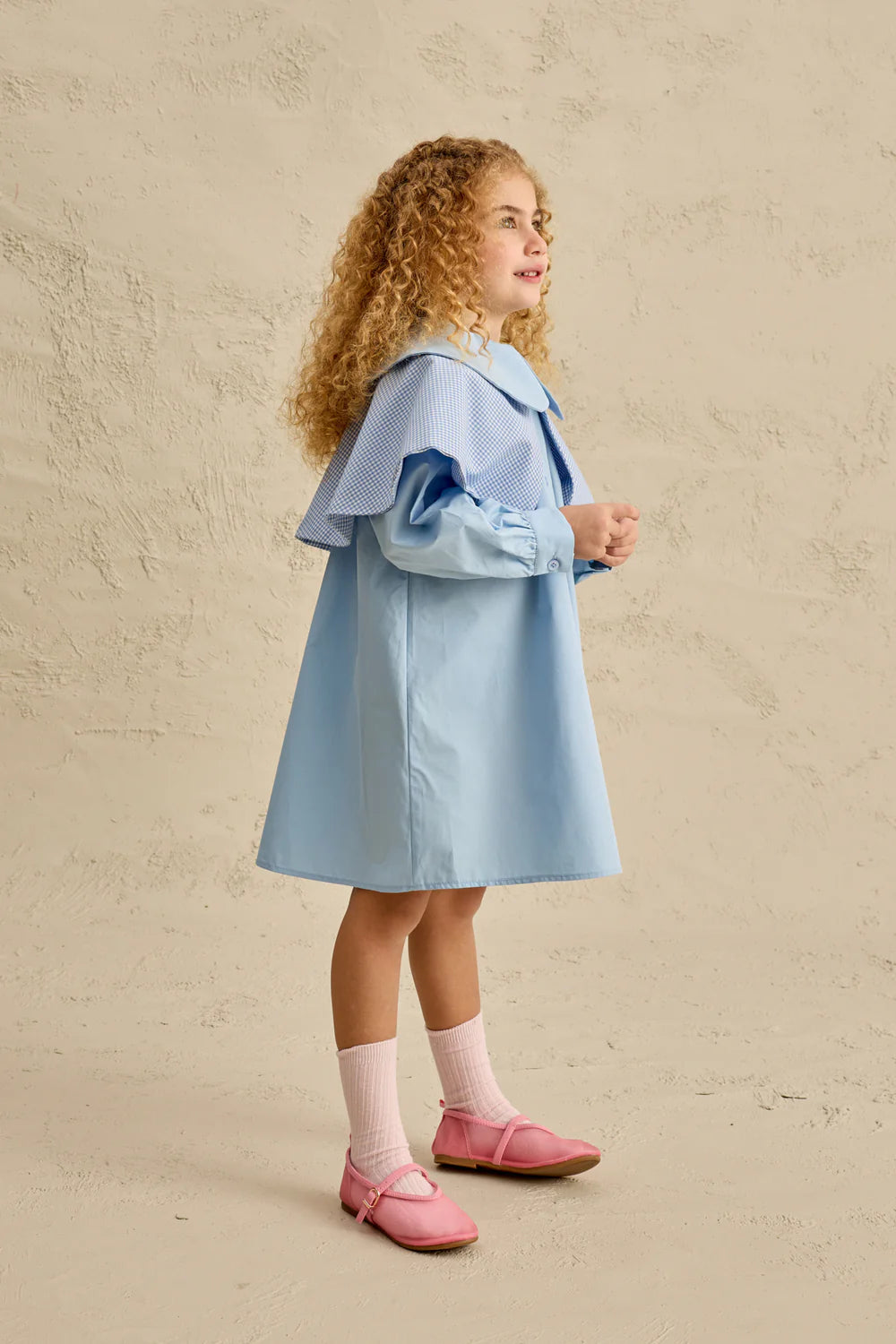 Fustan Blu "Vintage" me Dy Jaka dhe Detaje me Kuadrate