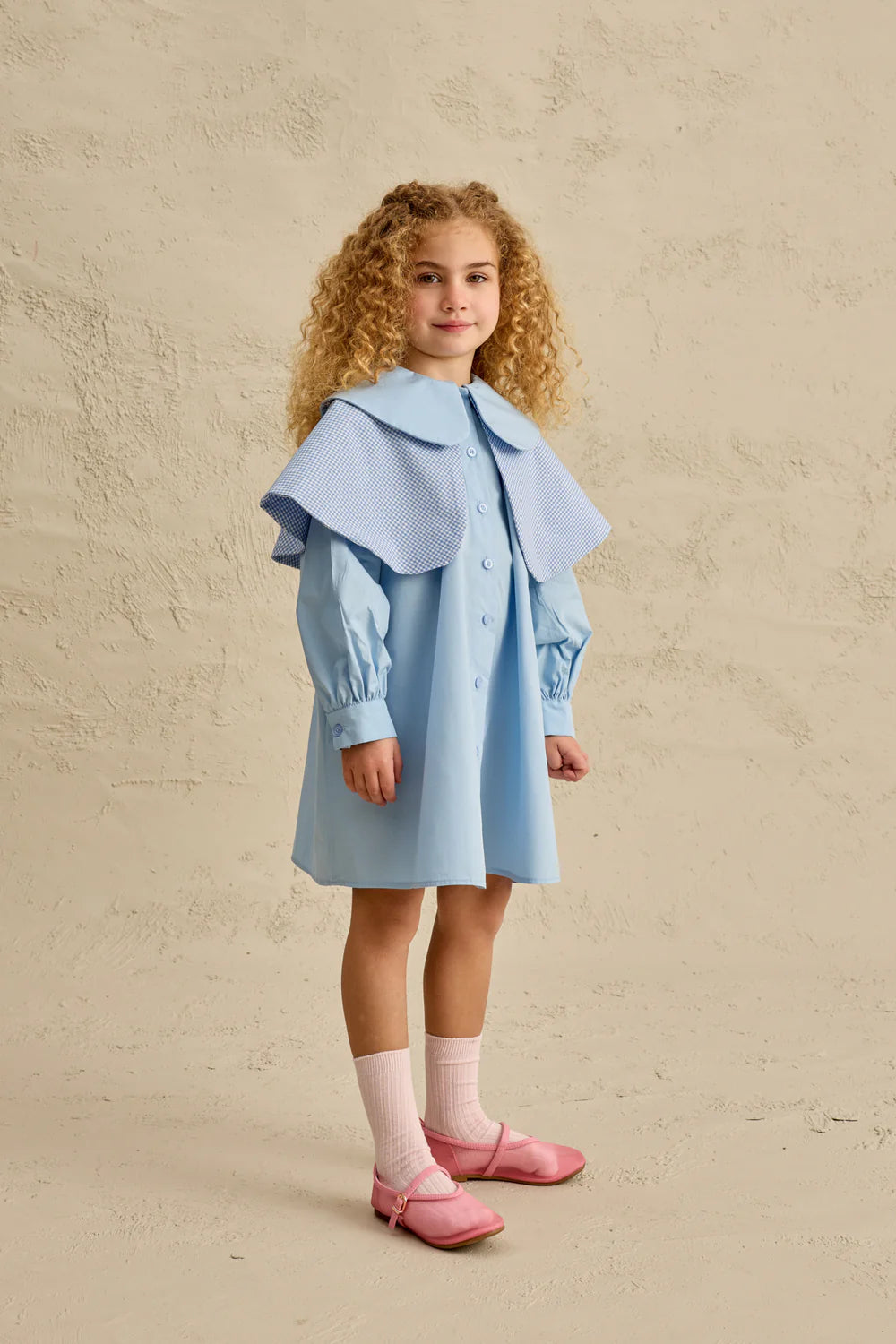 Fustan Blu "Vintage" me Dy Jaka dhe Detaje me Kuadrate