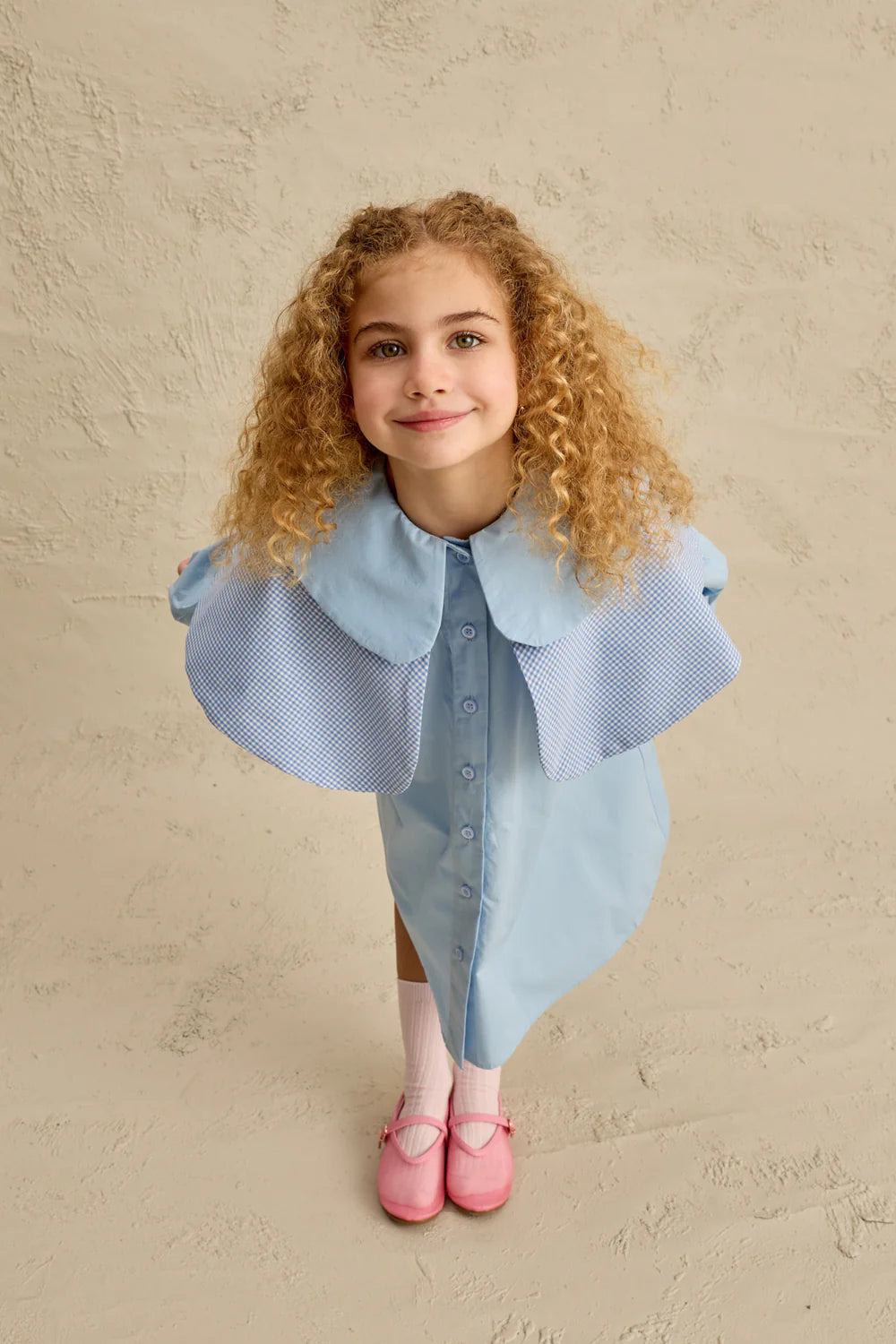 Fustan Blu "Vintage" me Dy Jaka dhe Detaje me Kuadrate