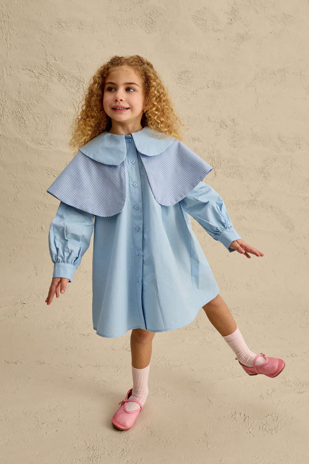 Fustan Blu "Vintage" me Dy Jaka dhe Detaje me Kuadrate