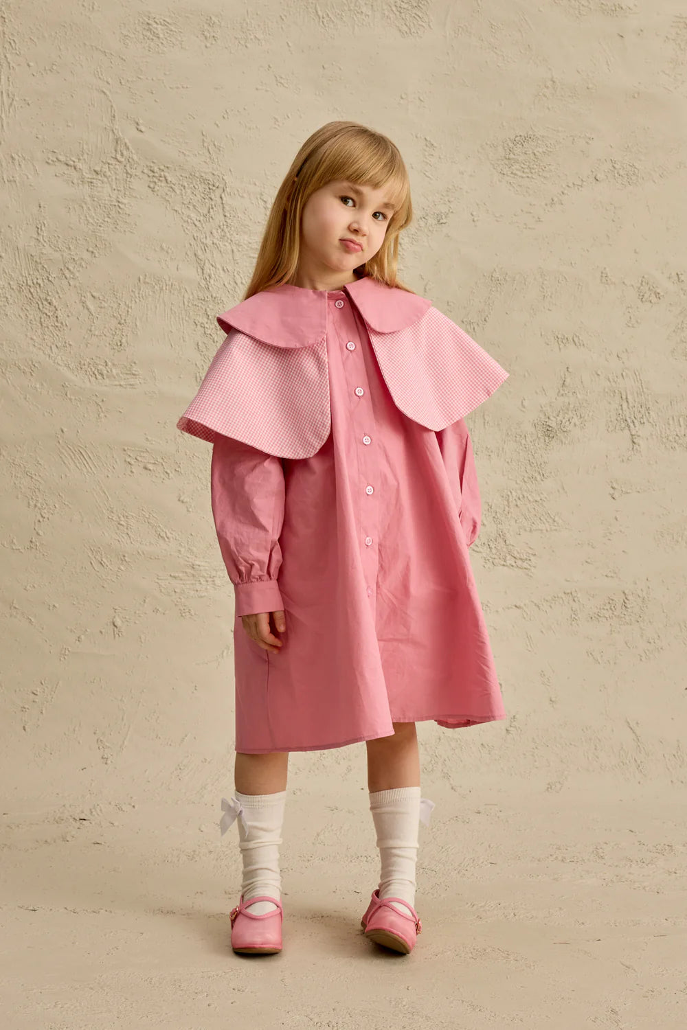 Fustan Roze "Vintage" me Dy Jaka dhe Detaje me Kuadrate