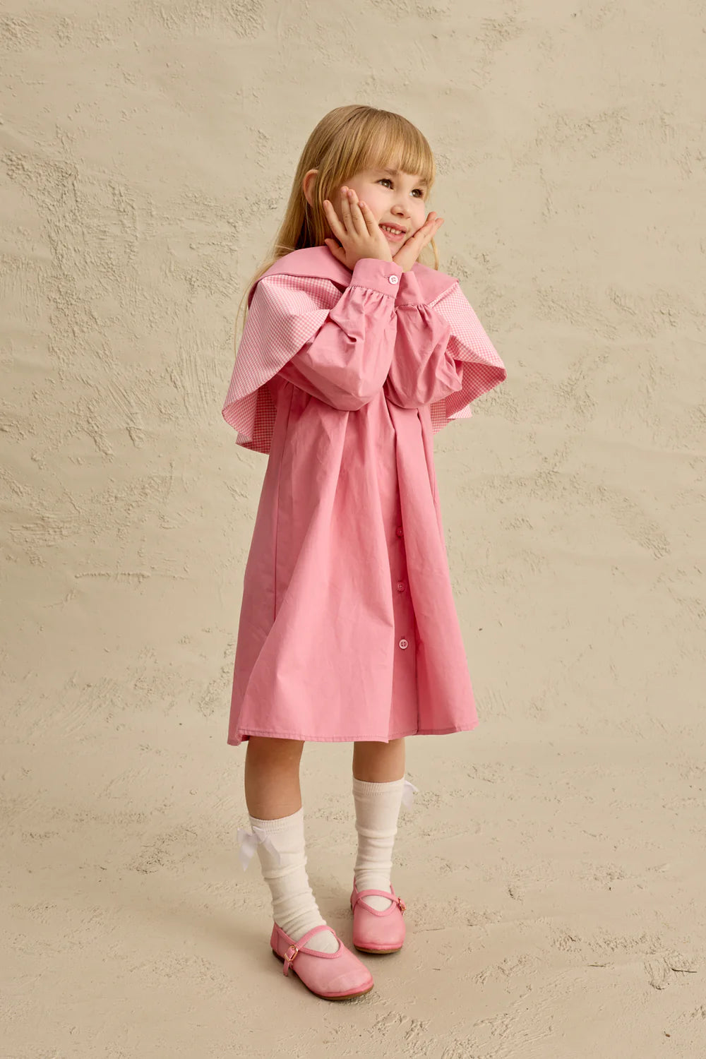 Fustan Roze "Vintage" me Dy Jaka dhe Detaje me Kuadrate