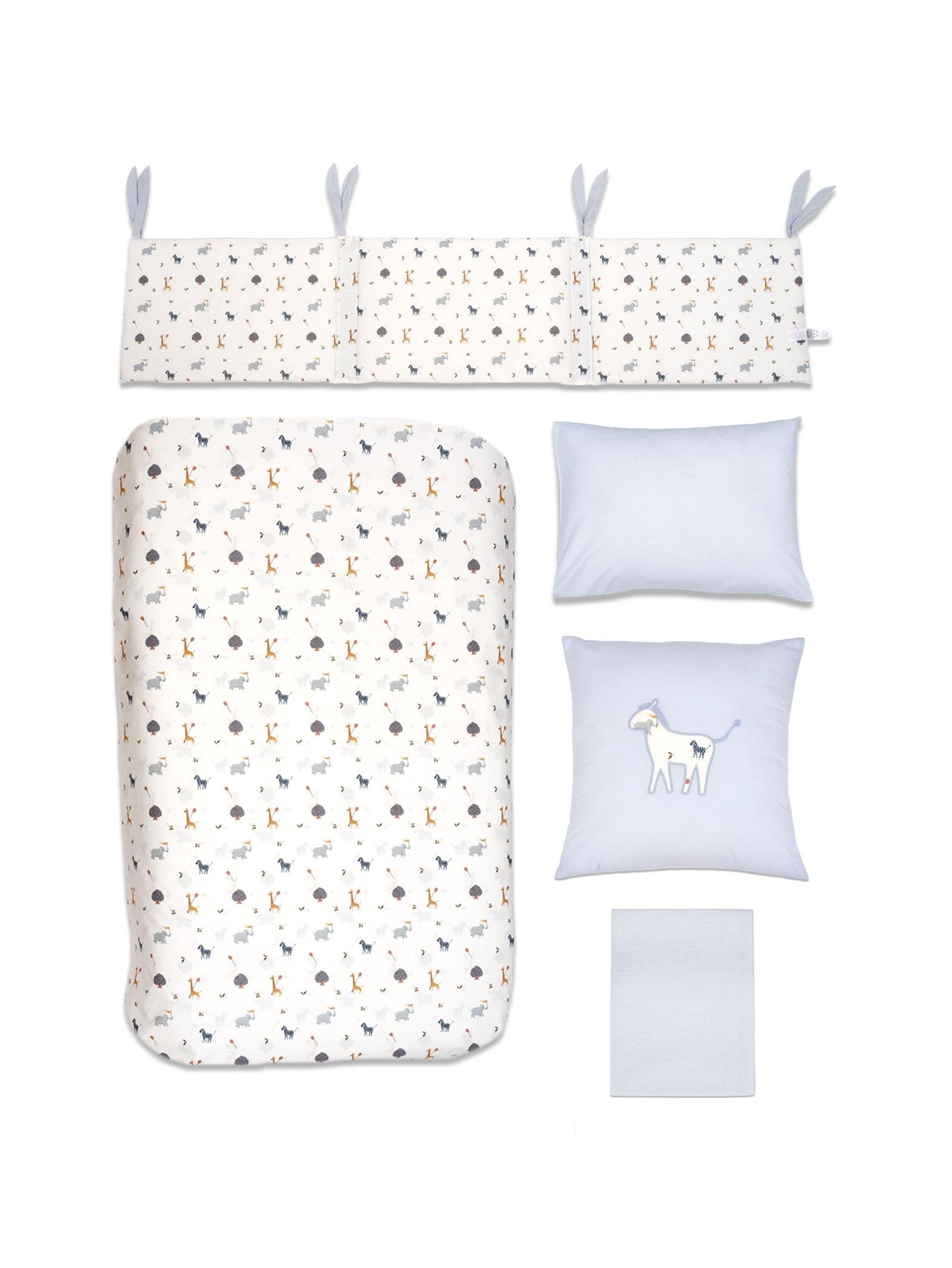 Set Gjumi 8-Pjese per Bebe "Zoo Blue" – Pambuk 100% (Pershtatet 60x120 - 70x140 cm)